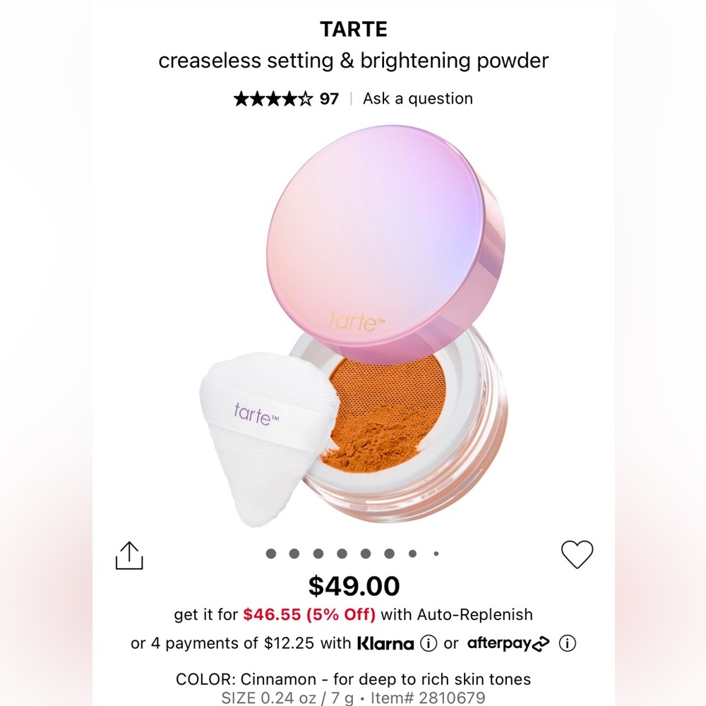 Tarte creaseless setting powder in the shade cinnamon